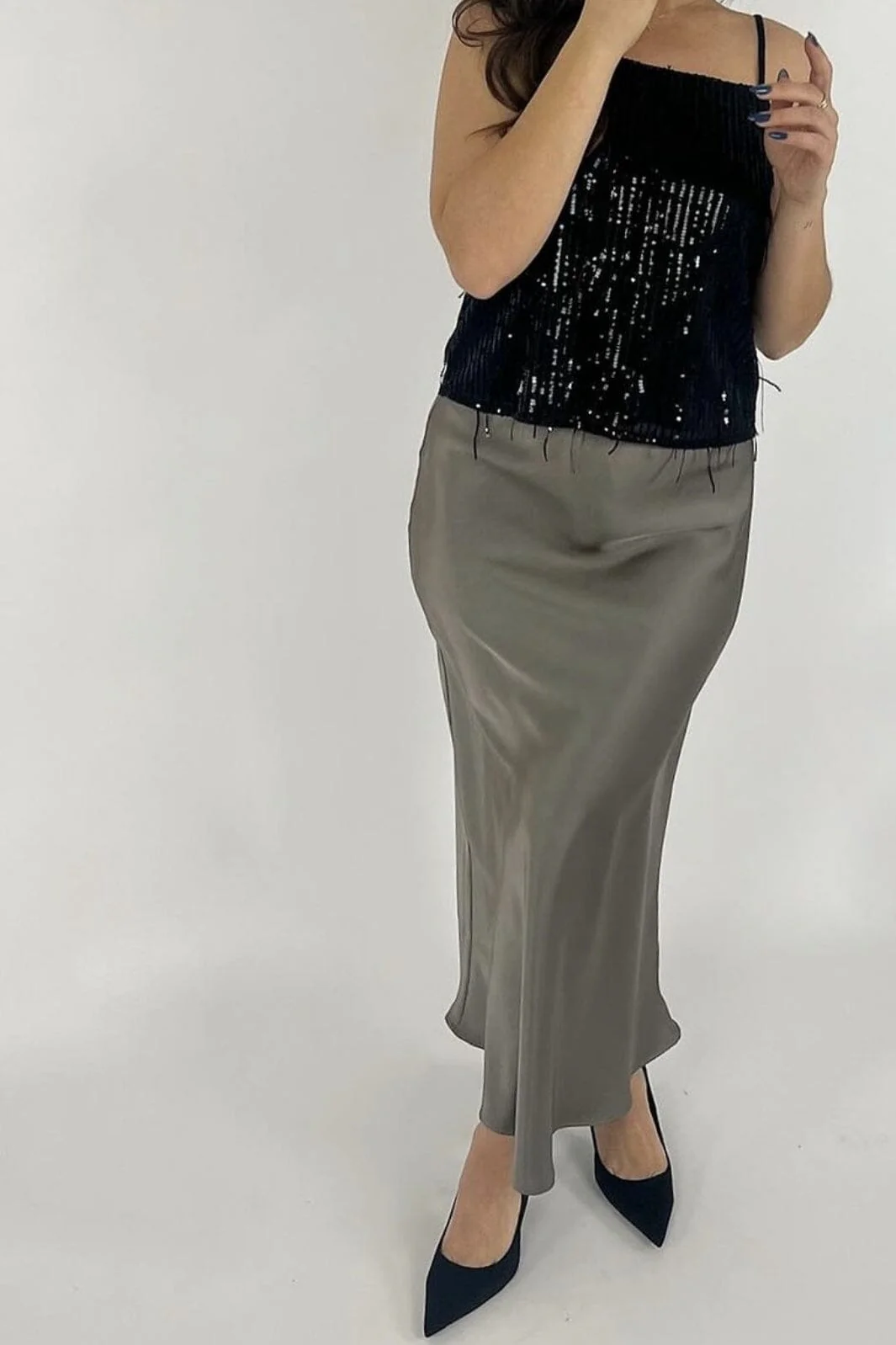 Neo Noir - Vicky Heavy Sateen Skirt - Warm Grey - Image 10